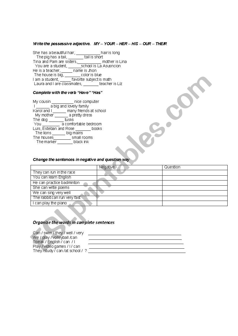 Have - Can - Possessive worksheet