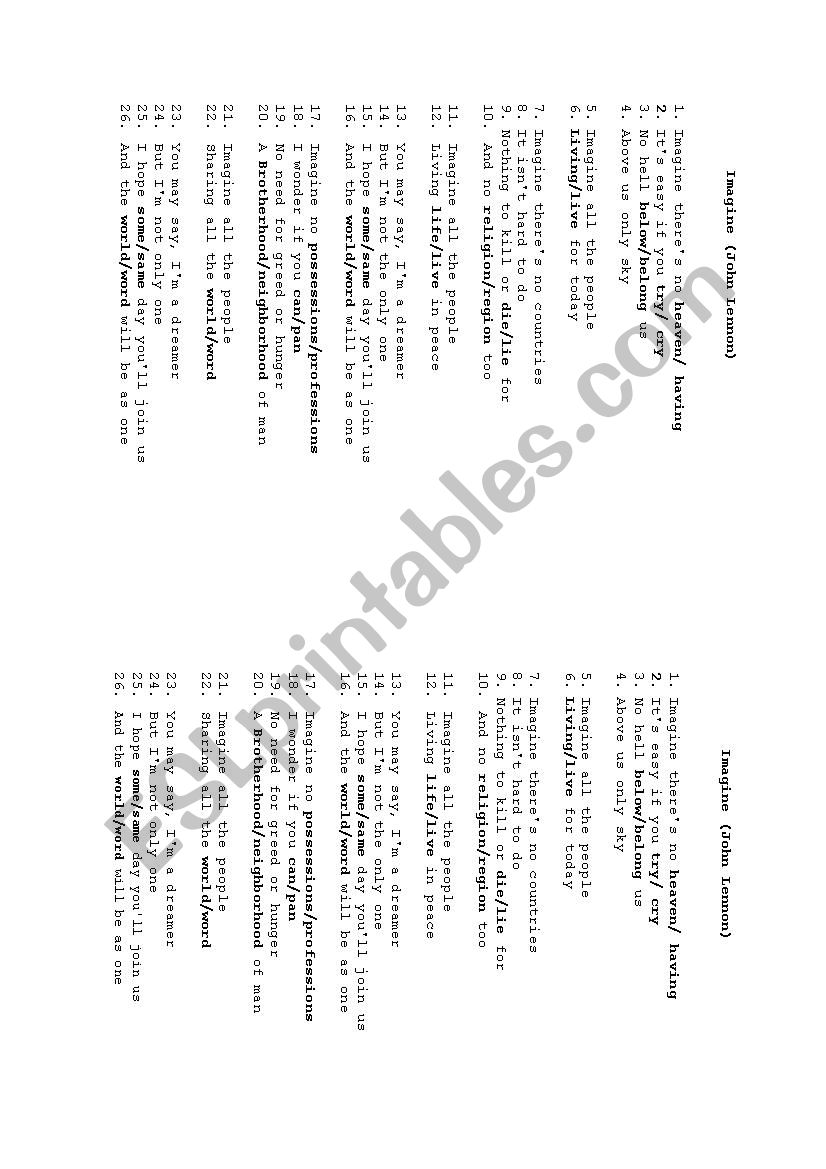 Music Imagine worksheet