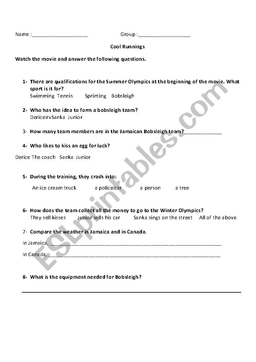 Cool Runnings worksheet