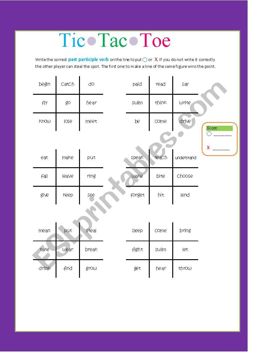 Past Participle Irregular Verbs Tic Tac Toe