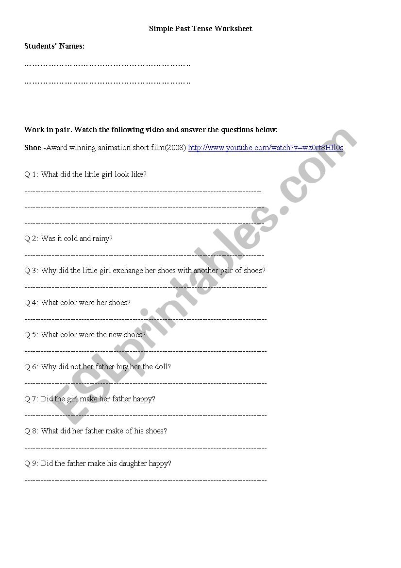 Simple Past Tense Worksheet- with video