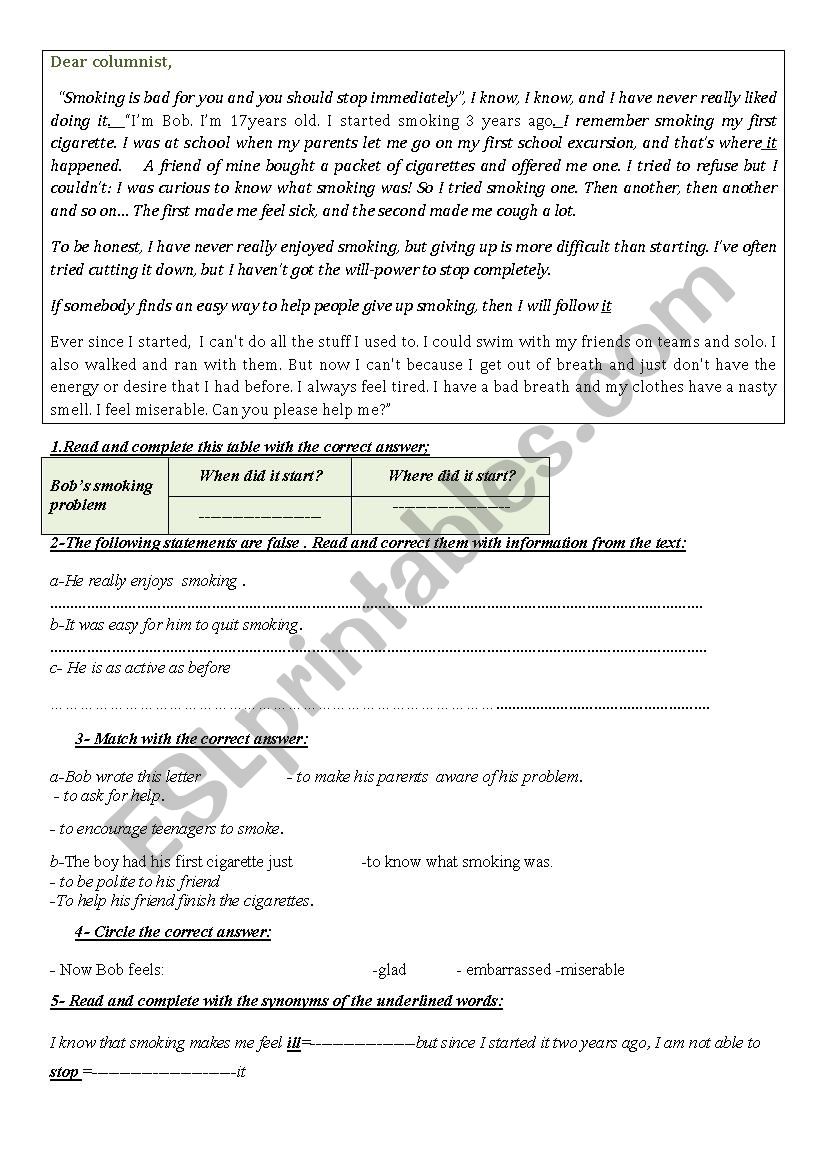 Smoking reading comprehension worksheet