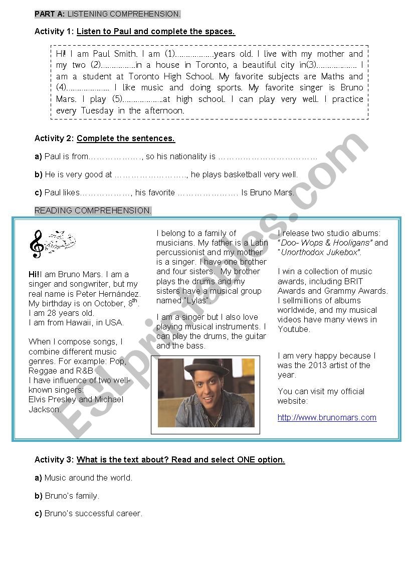 Bruno Mars  worksheet