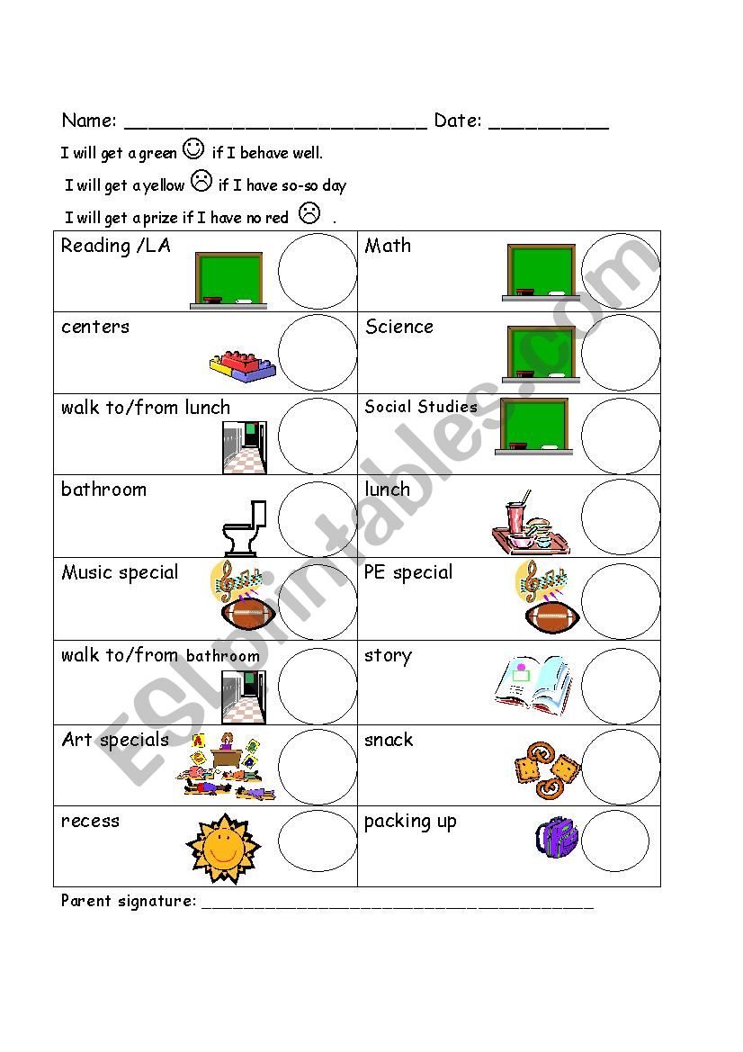 Kinder Behavior Form worksheet