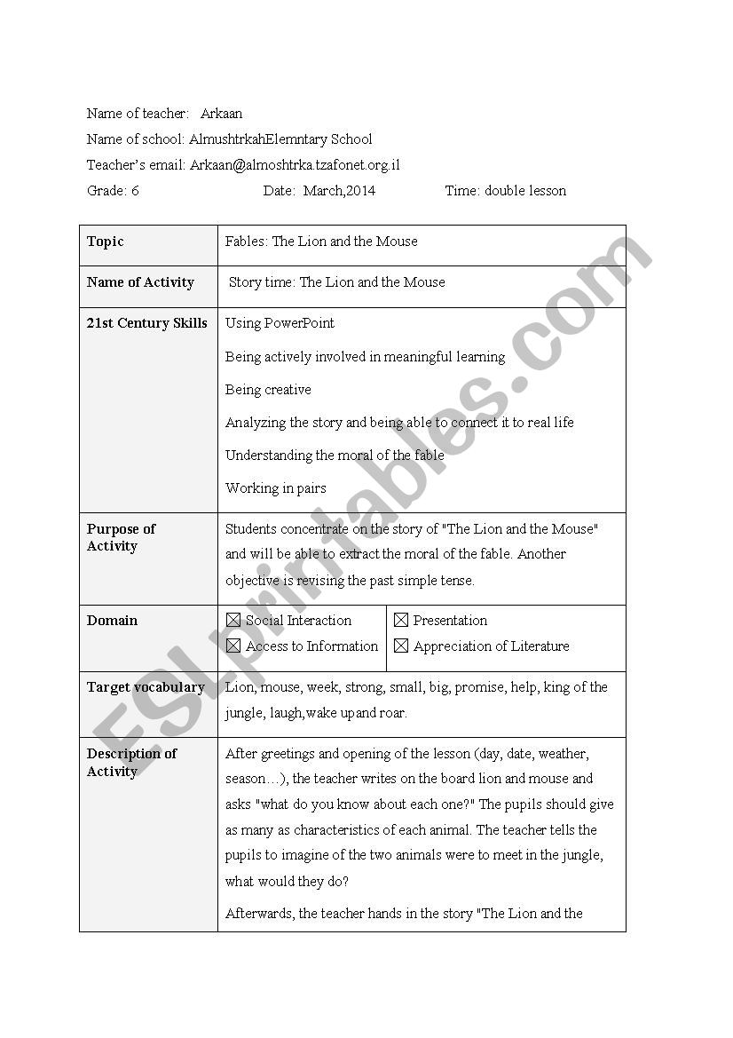 The Lion and the mouse fable worksheet