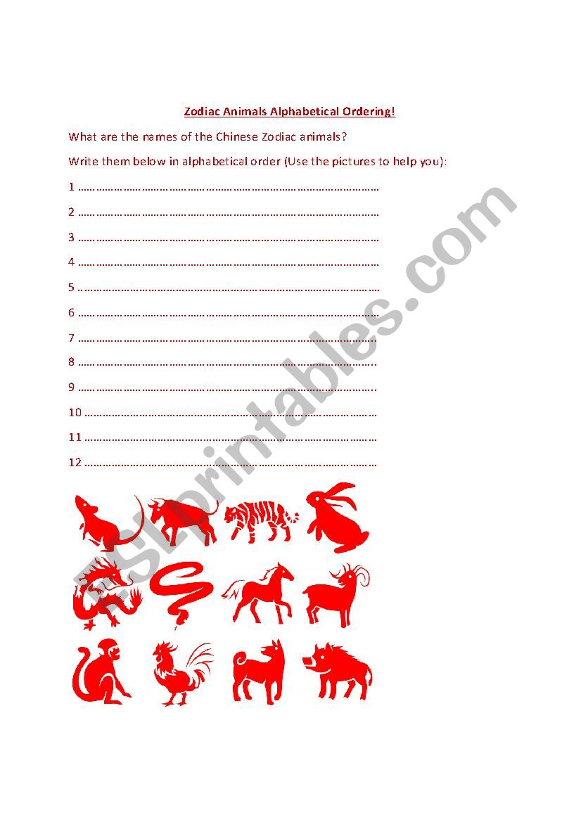 Zodiac Animals Alphabetical Ordering 