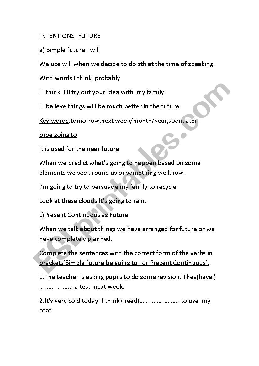 Intentions-Future tense worksheet