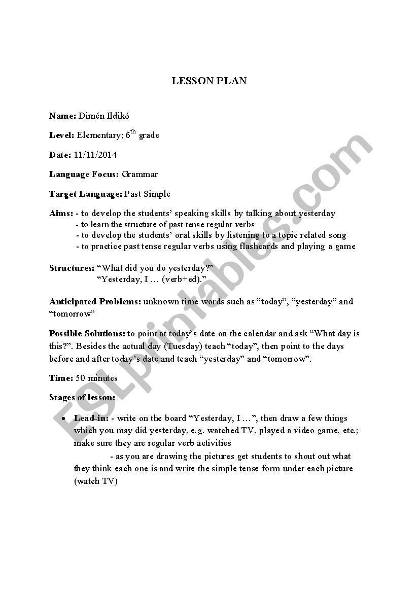 Lesson plan Past Simple worksheet