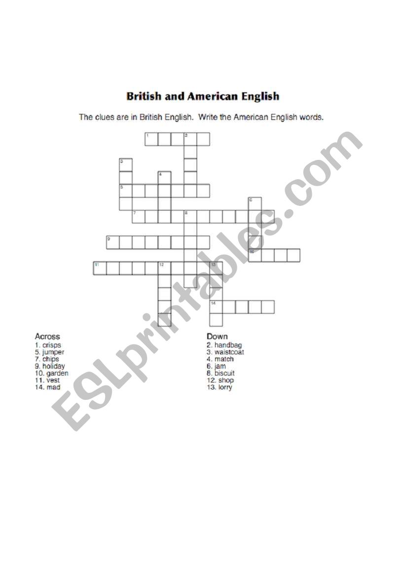 British American English Crossword Puzzle