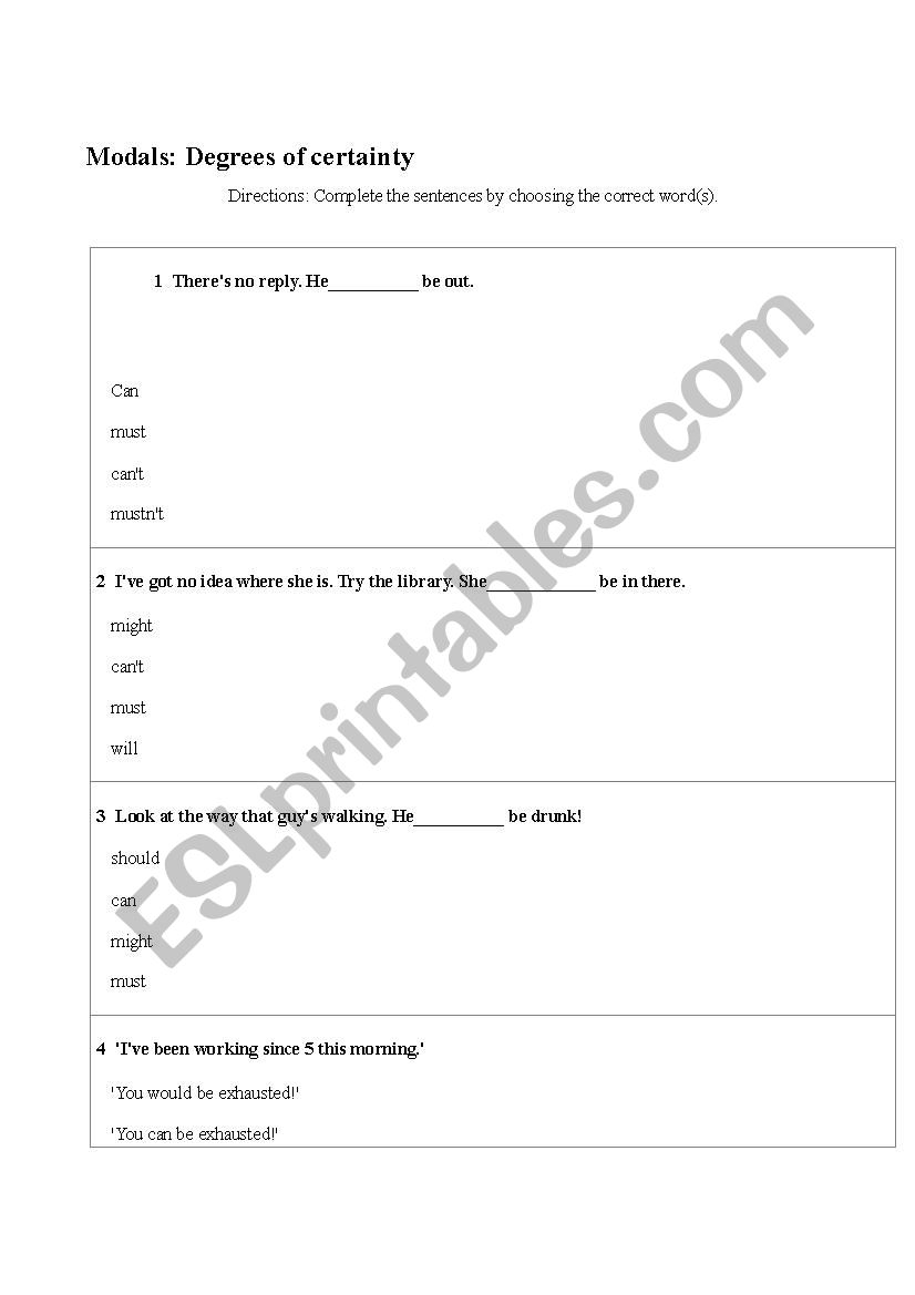 Modals - Degrees of certainty worksheet