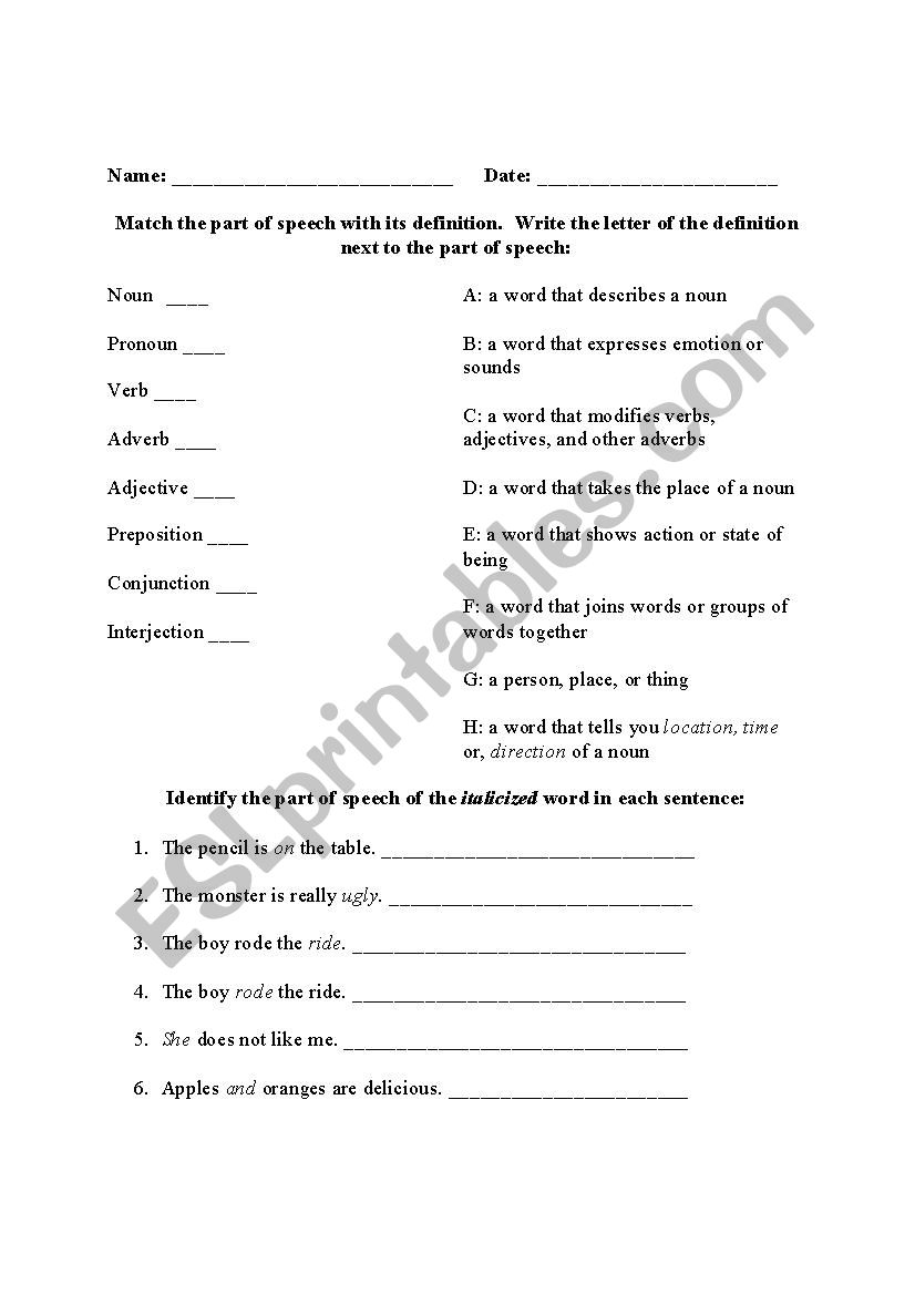 Parts of Speech Test/Quiz - can be modified as worksheet