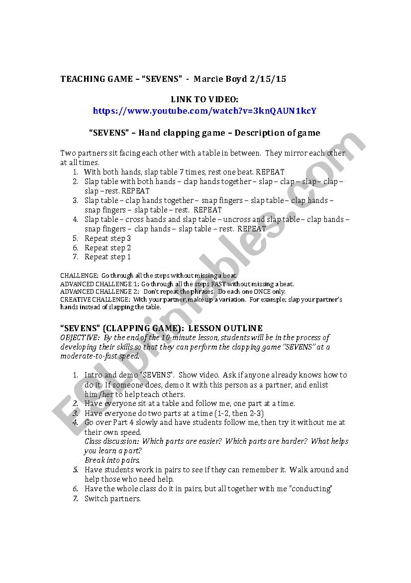 SEVENS - A CLAPPING GAME worksheet