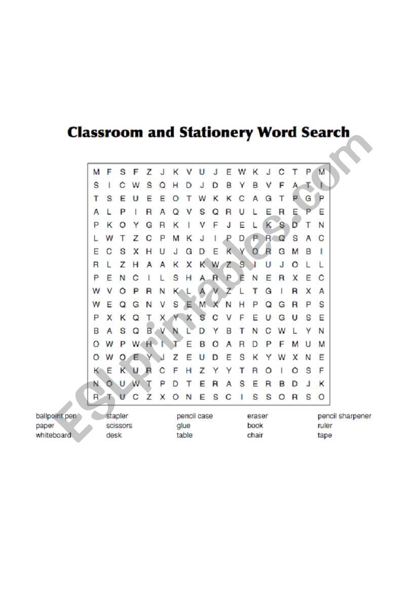 Classroom Stationery Word Search