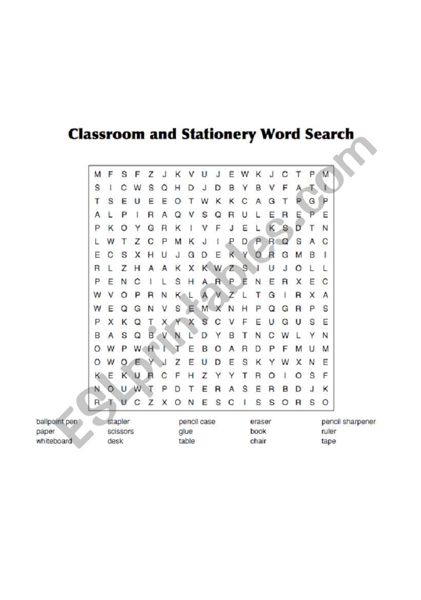 Classroom Stationery Word Search