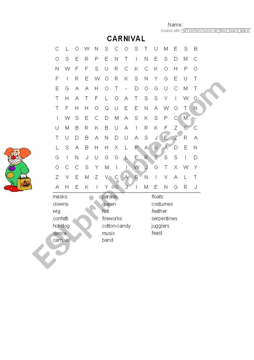 Carnival Word Search worksheet