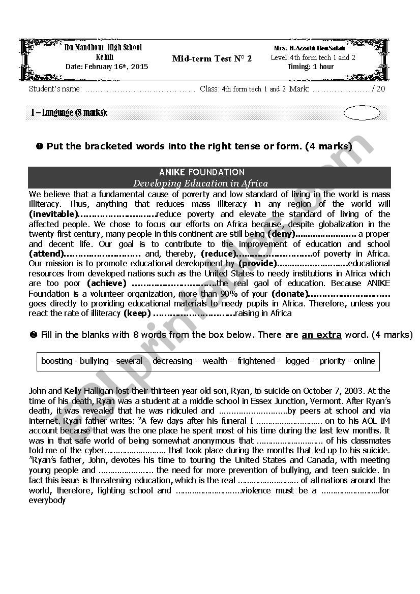 2nd mid term test bac technique 2015