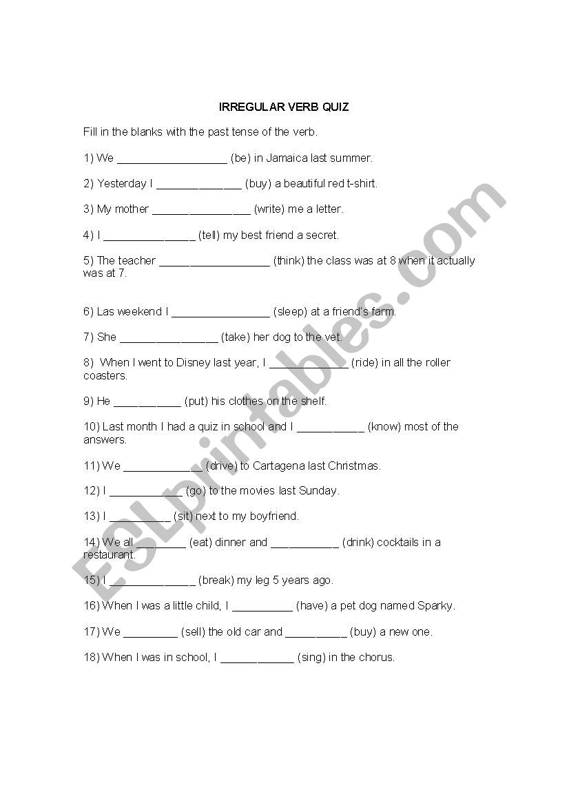 Irregular Verbs Quiz worksheet