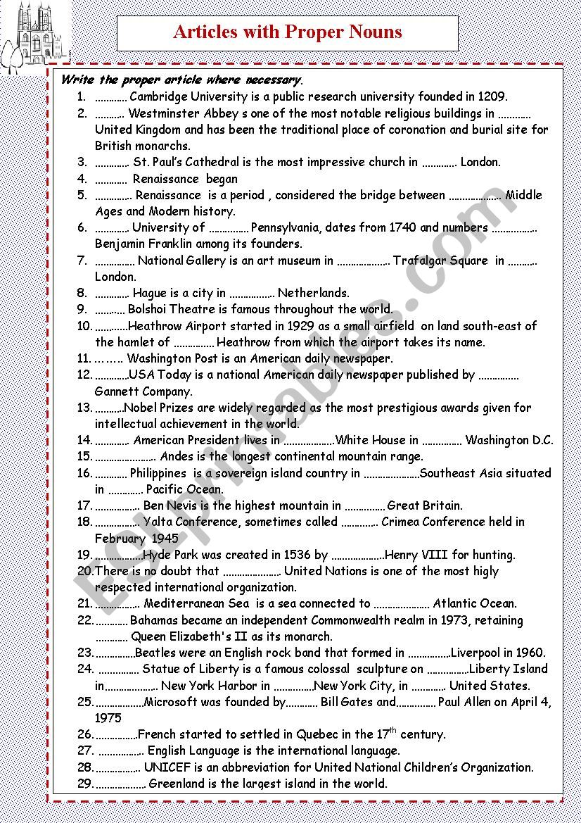 Articles with proper nouns worksheet