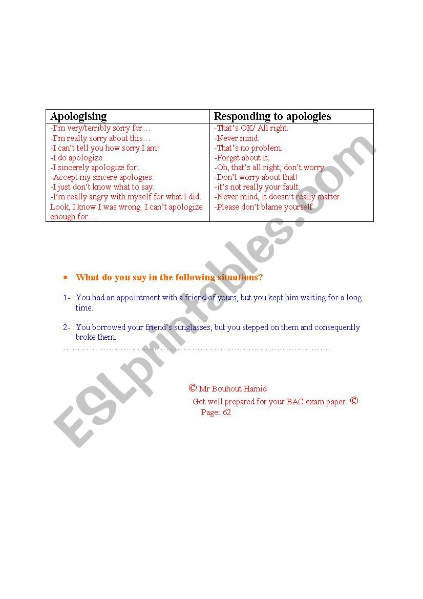            MAKING APOLOGIES worksheet