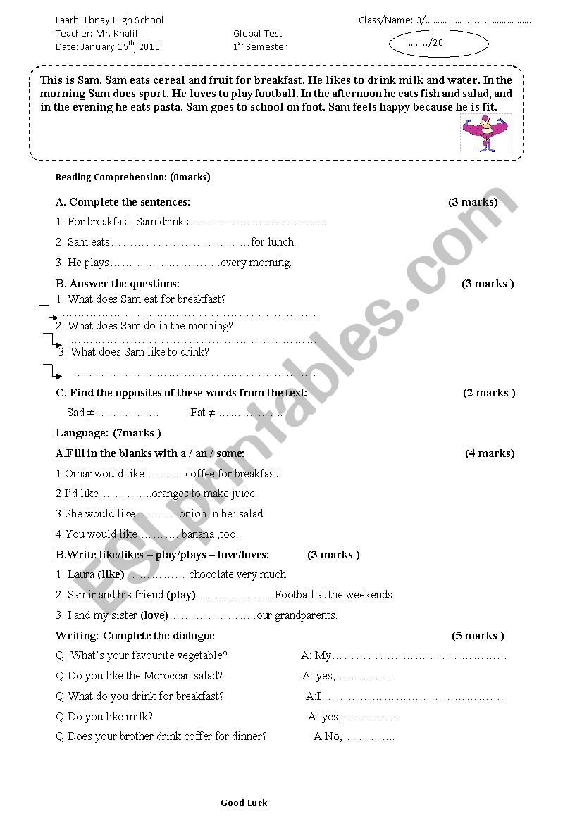 Global test first semester worksheet