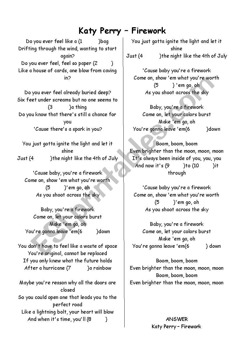 Firework by Katy Perry worksheet