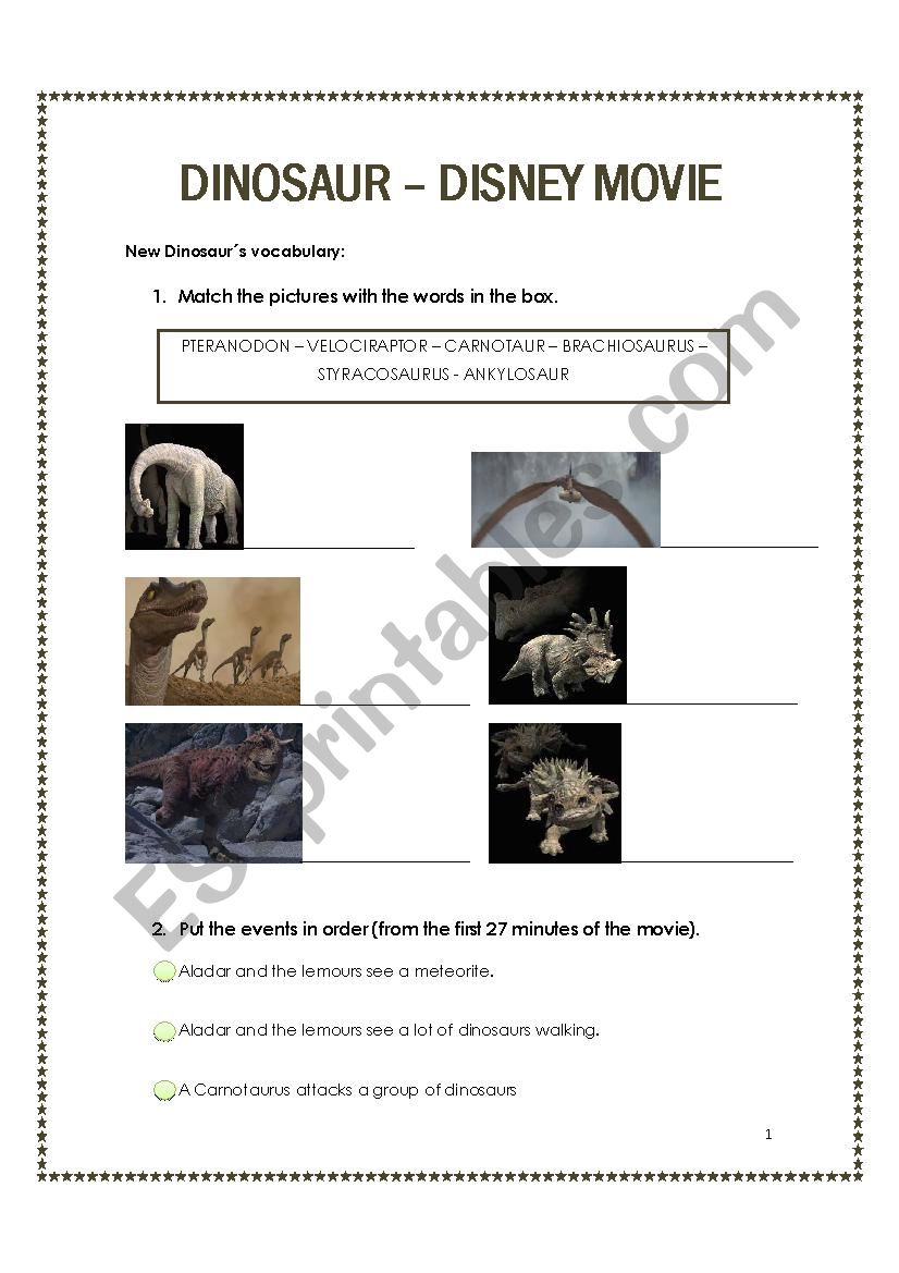 Dinosaur, Disney movie worksheet
