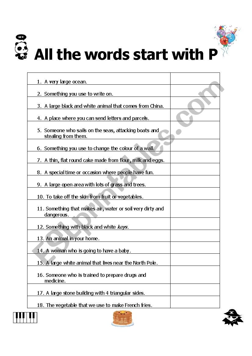 All the Words Start with P worksheet