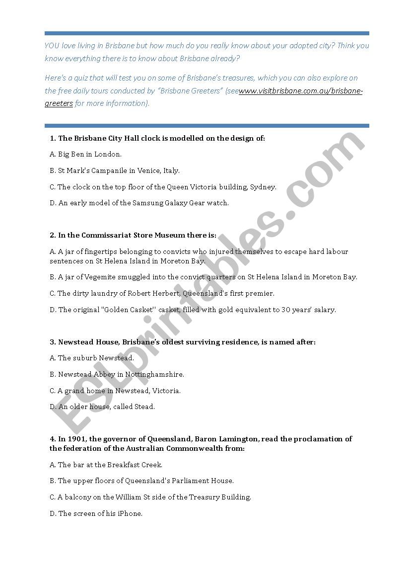 Brisbane Quiz worksheet