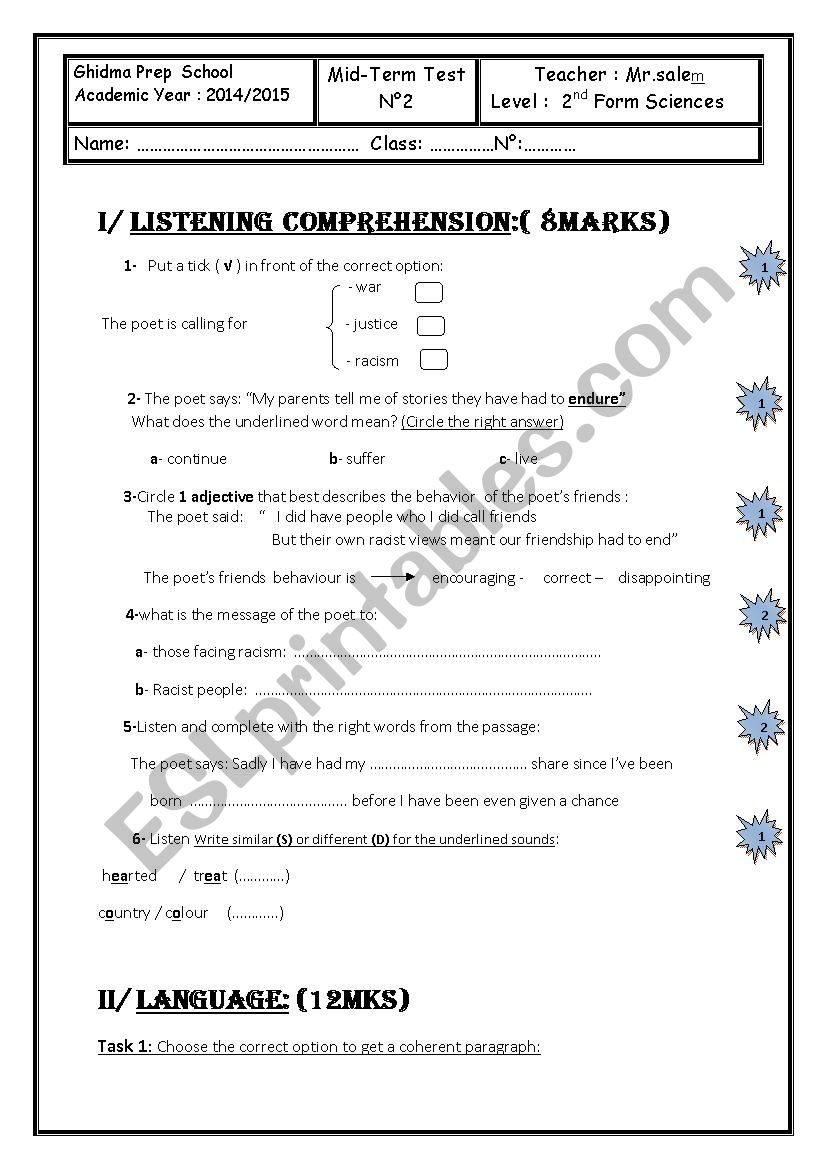 mid term test n2  2nd science worksheet
