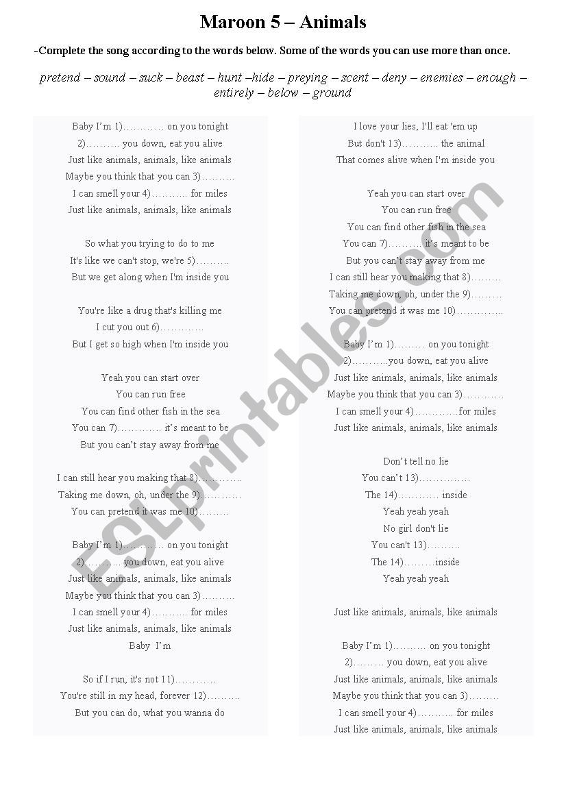 Maoon 5 - Animals completing lyrics song - ESL worksheet by atakannns