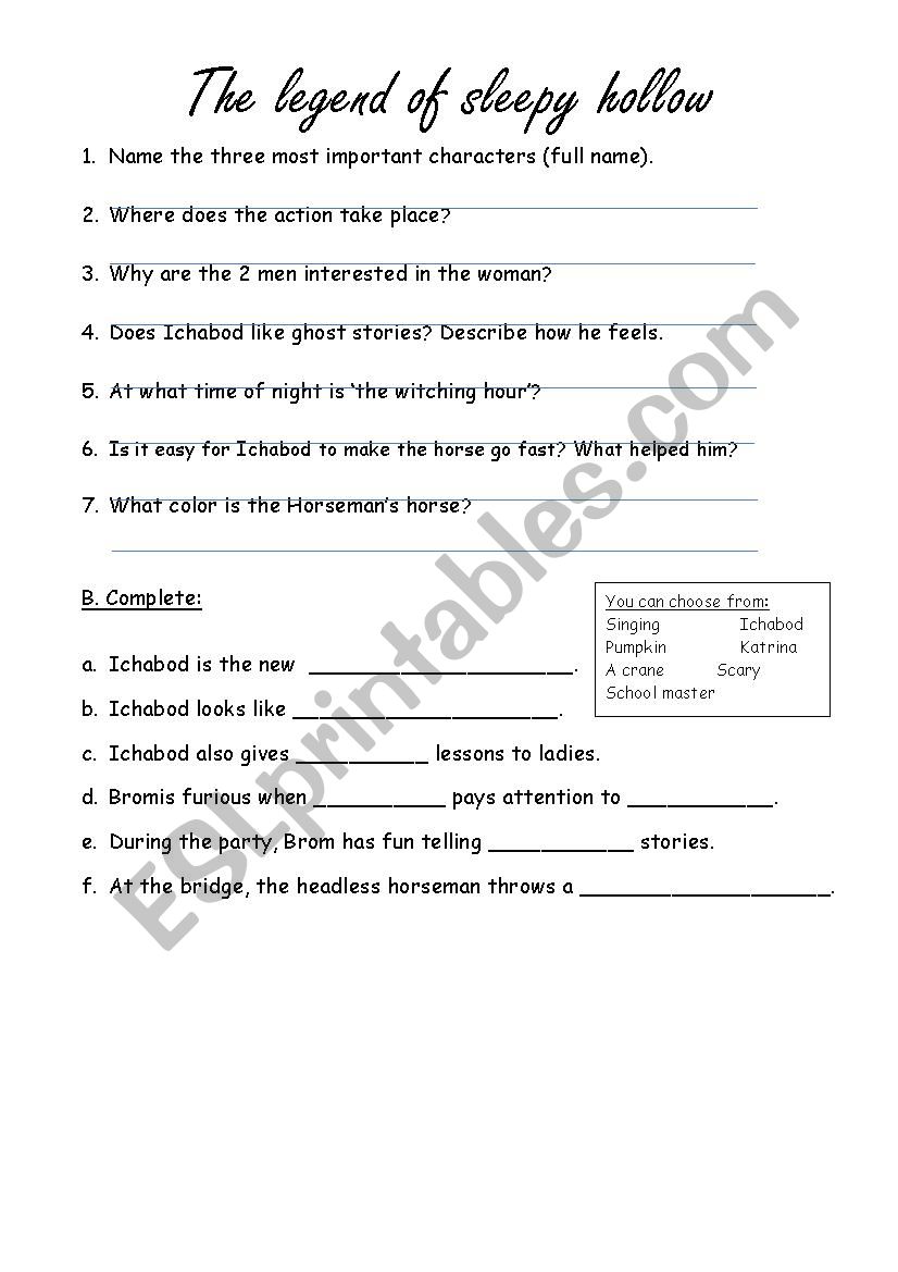 The legend of sleepy hollow worksheet