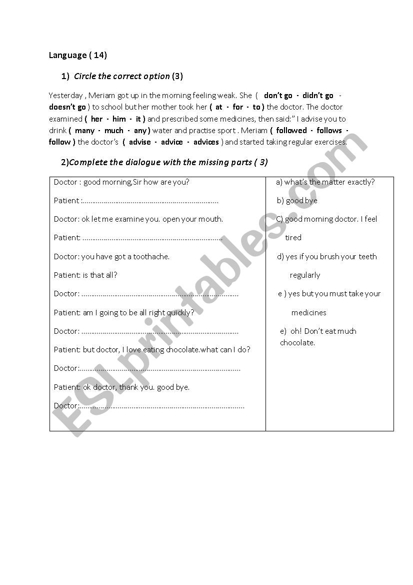 mid term test 2 : 7th form worksheet