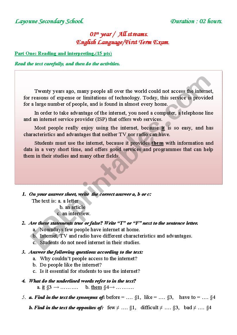 Internet worksheet