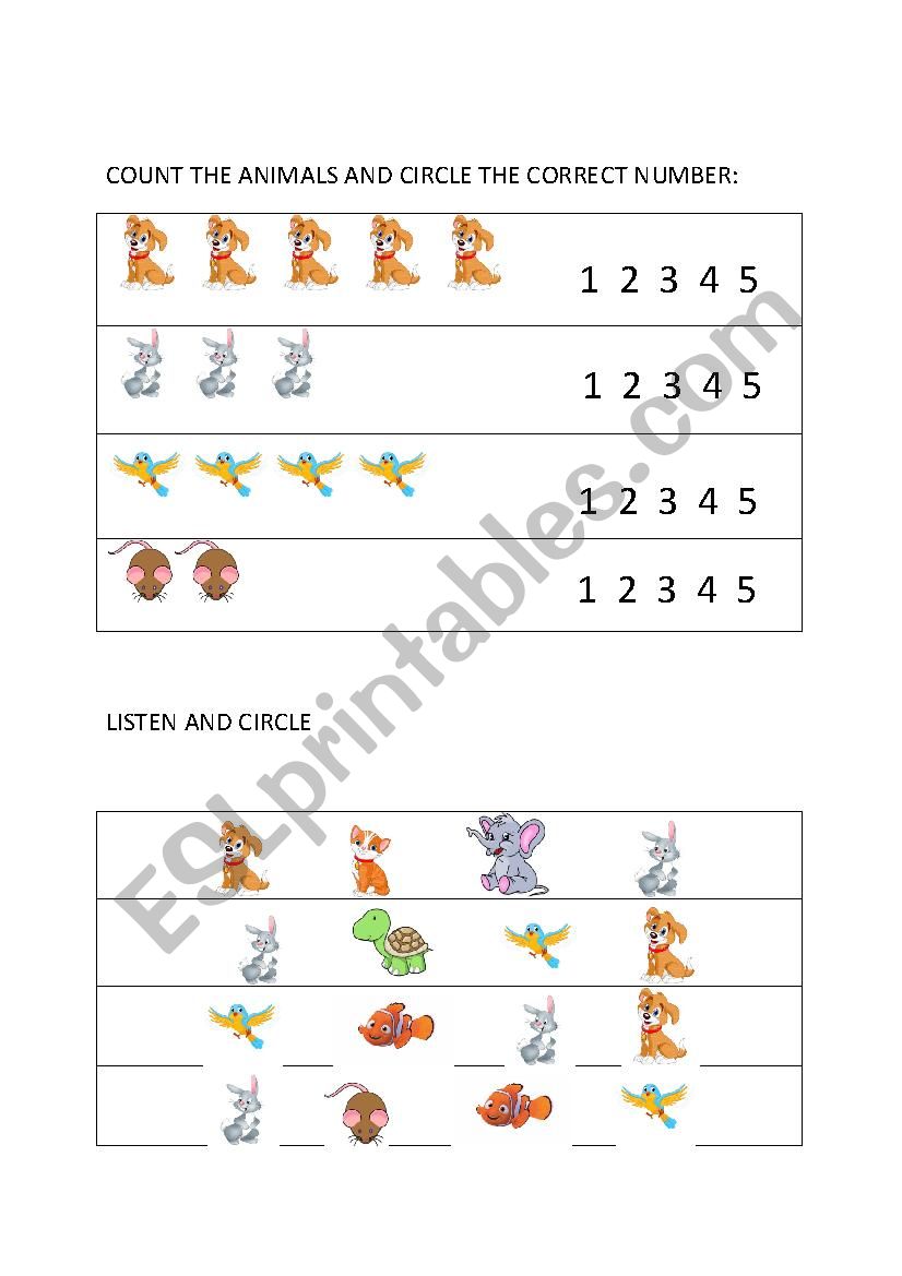 Animals Count and circle the numbers