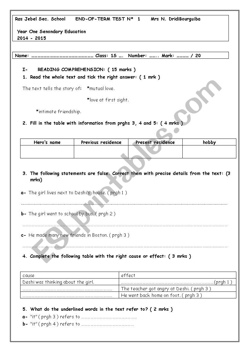 end of term test n1 1st form worksheet