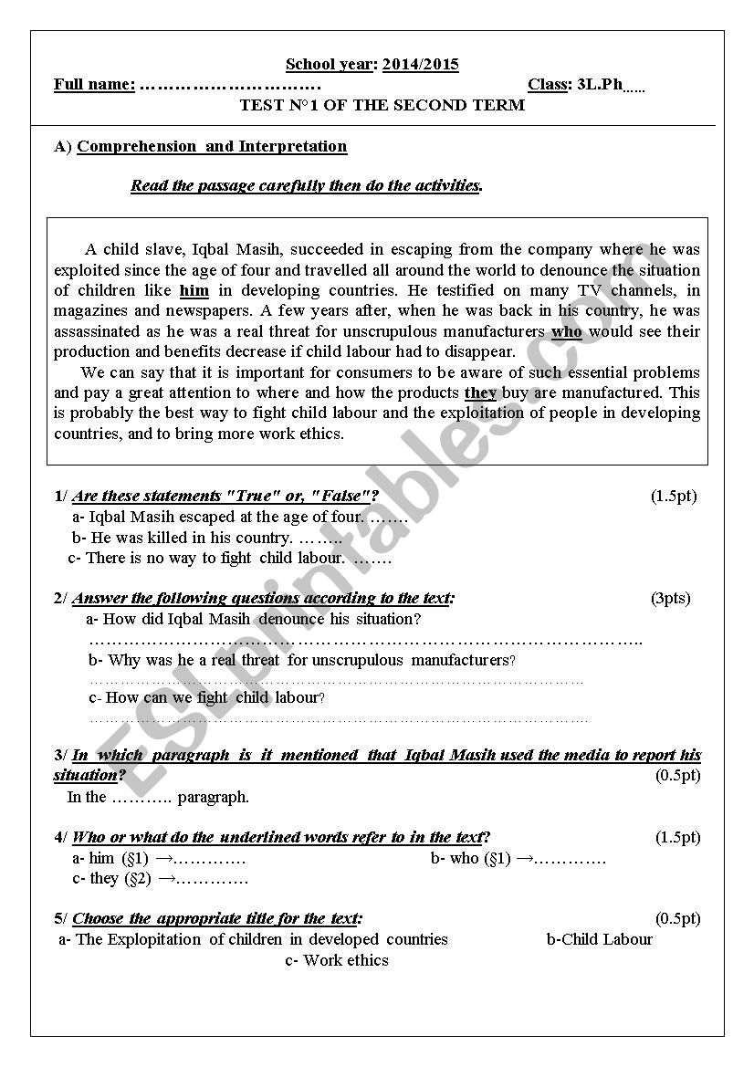 2nd term tests of 3LPh worksheet