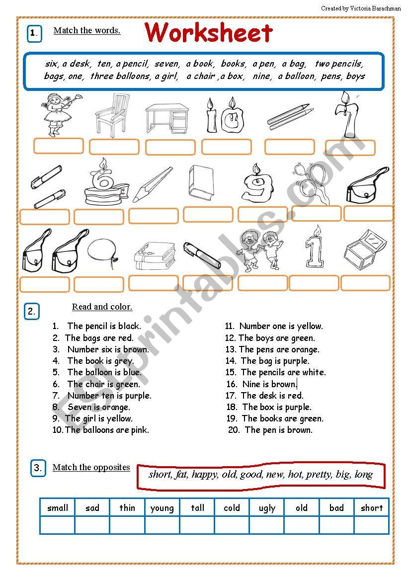 Revision Worksheet: opposites, colors, numbers, basic words