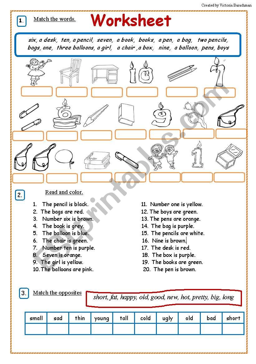 Revision Worksheet: opposites, colors, numbers, basic words