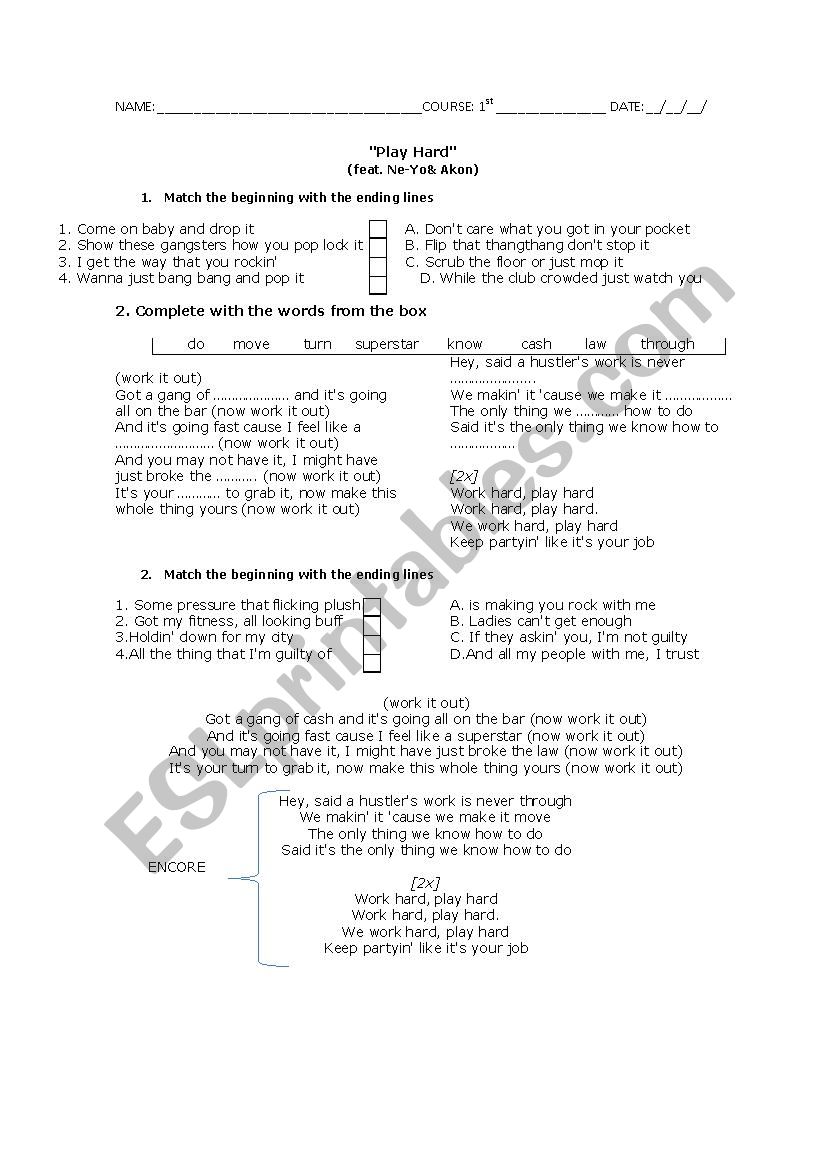 PlayHard- David Guetta worksheet