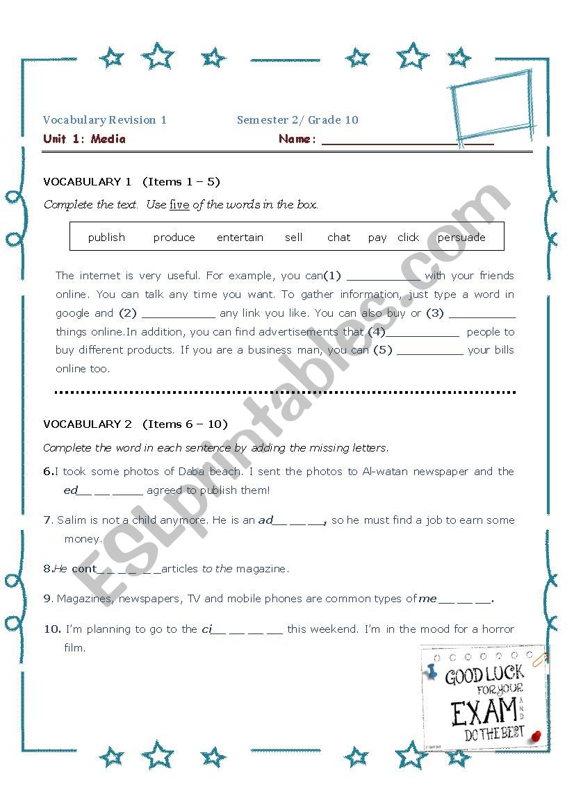 Vocabulary test (Media) worksheet