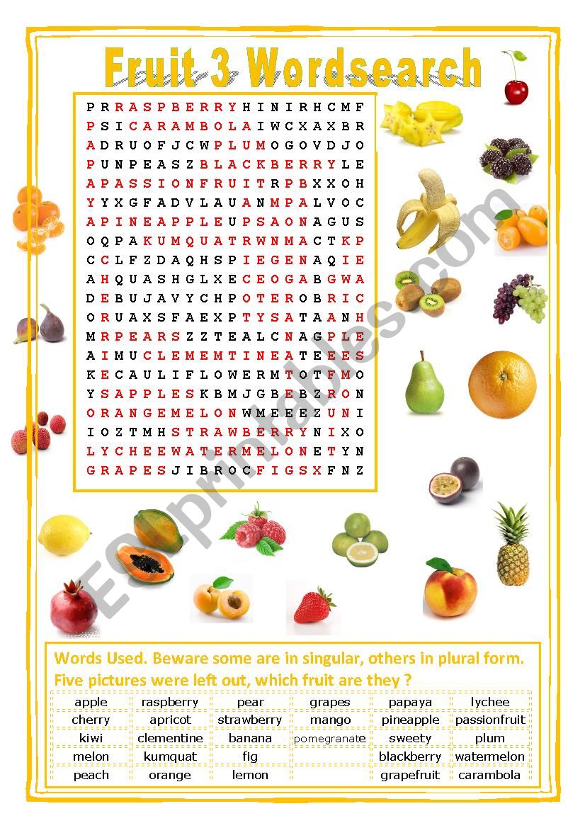 Fruit 3 Word Search + Key worksheet