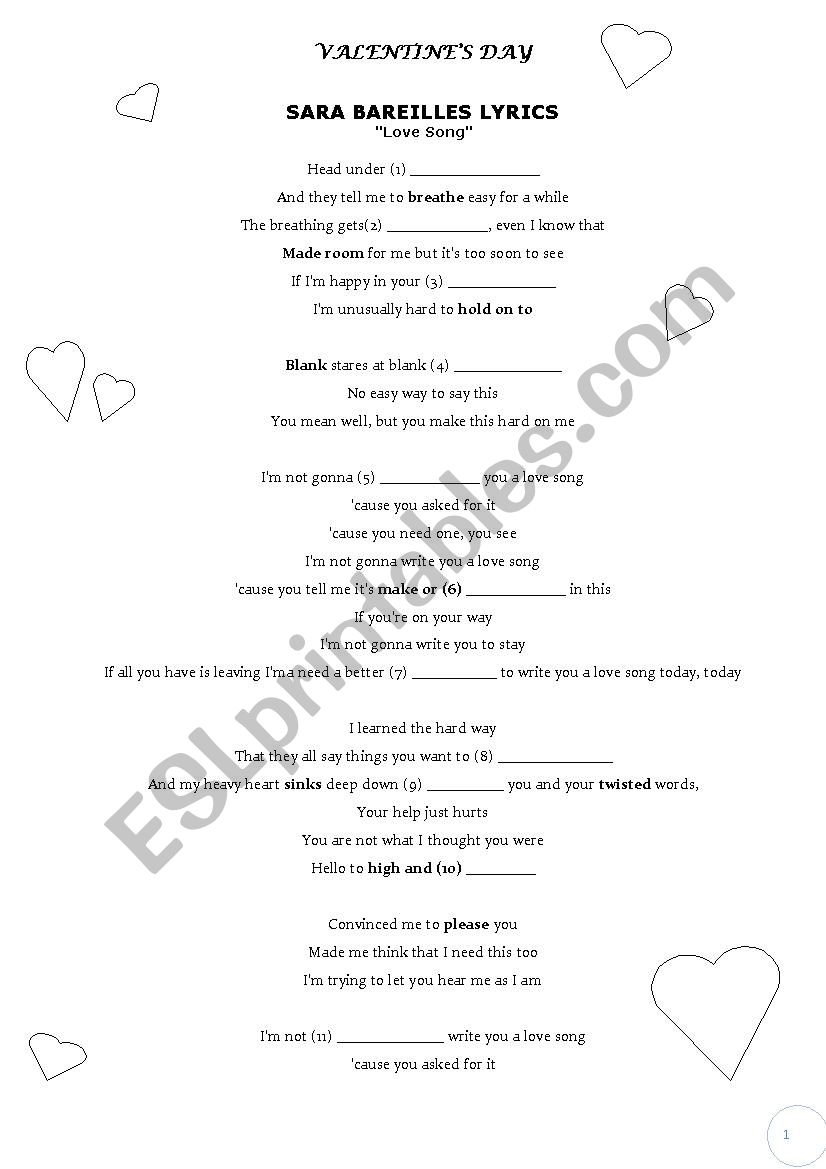 Valentines song worksheet