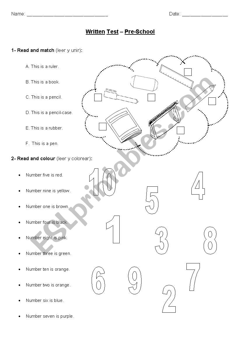 First Term Test (colours, numbers, book characters, school objects)