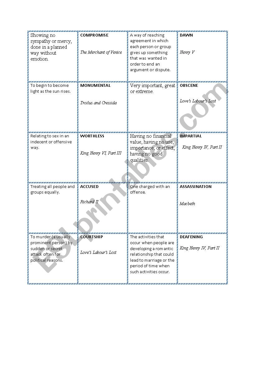 Domino Puzzle With Words Coined By Shakespeare Esl Worksheet By Lenkaw