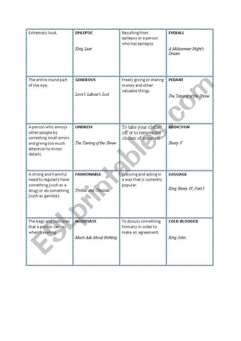 Domino Puzzle With Words Coined By Shakespeare Esl Worksheet By Lenkaw