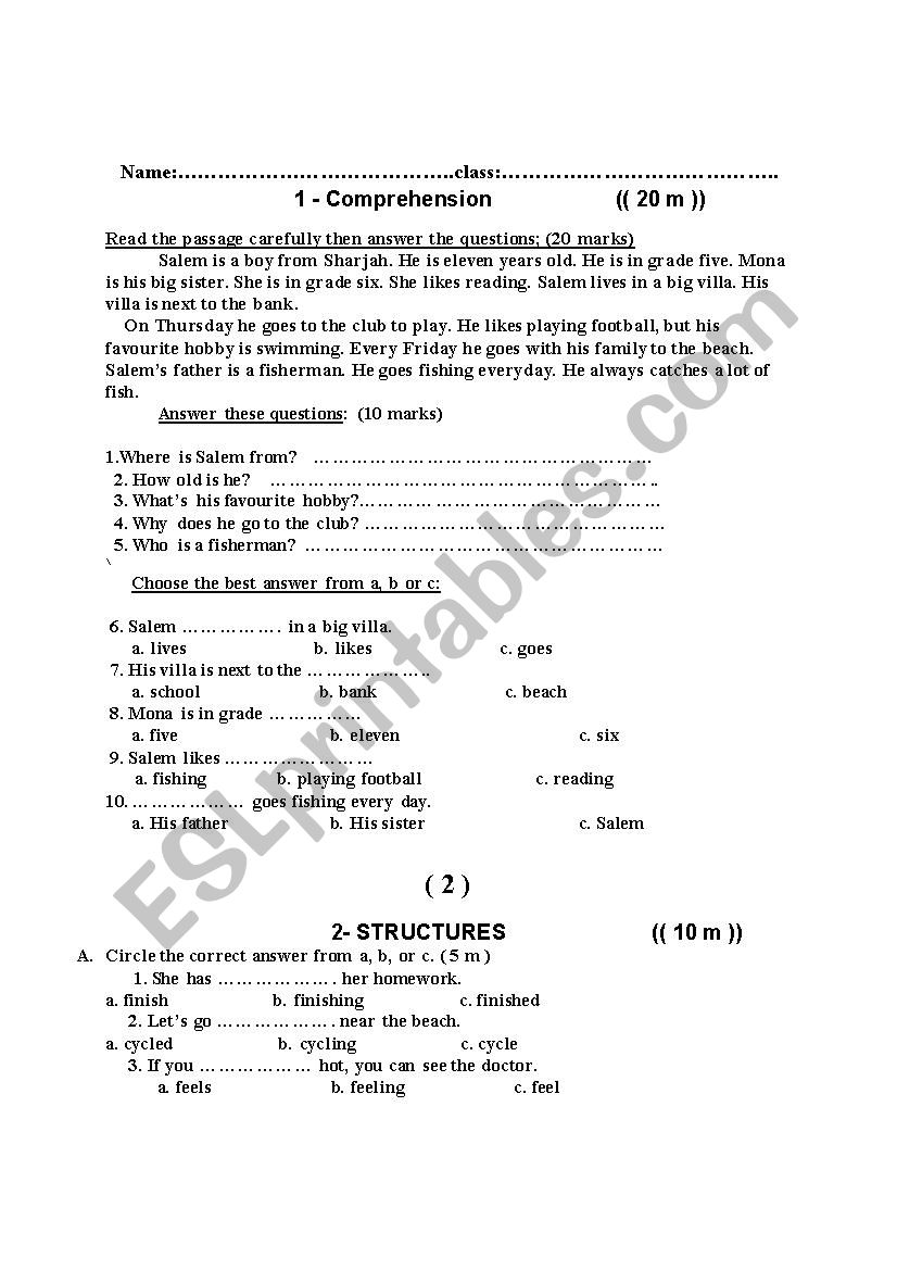 exam worksheet