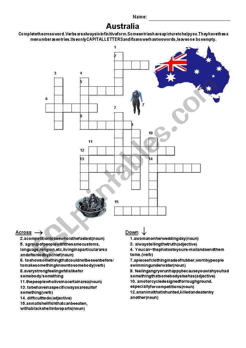 Crossword puzzle Australia worksheet