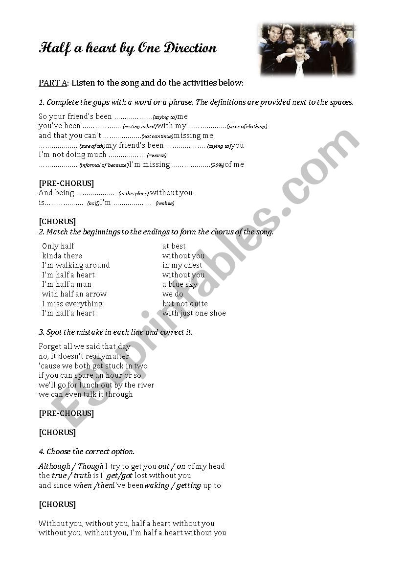Half a heart by One Direction worksheet