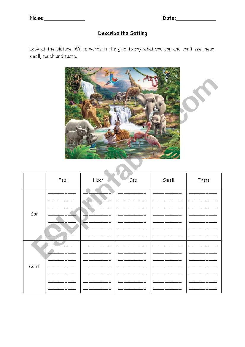 Senses Setting Description worksheet