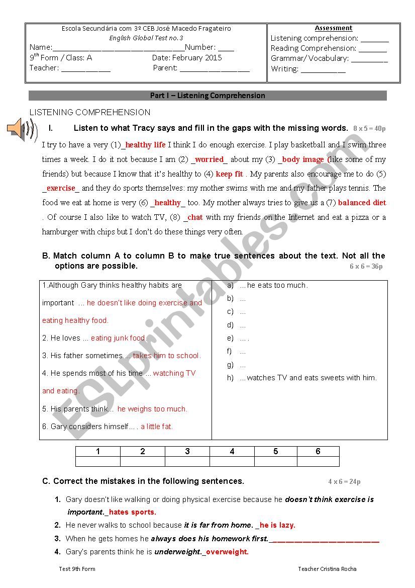 test 9th grade healthy hbits worksheet
